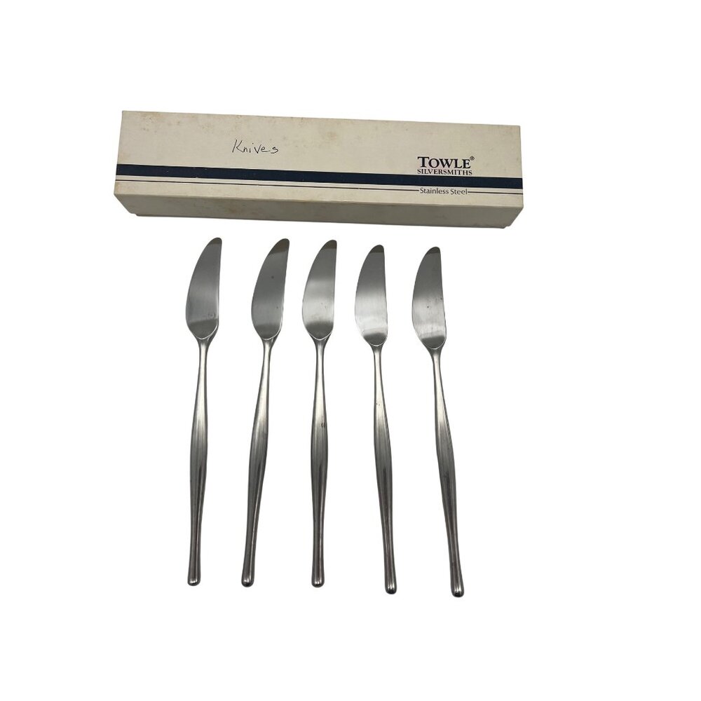 Vintage Towle Lauffer Design 3 Japan Stainless Dinner Knives Set 5 MCM 1970s